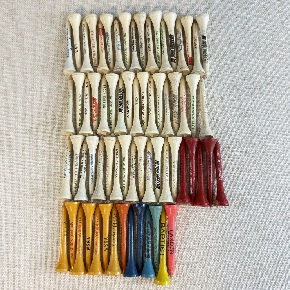 Vintage Advertising Golf Tees Lot 50+ Wood Promotional Banks Clubs Tournaments